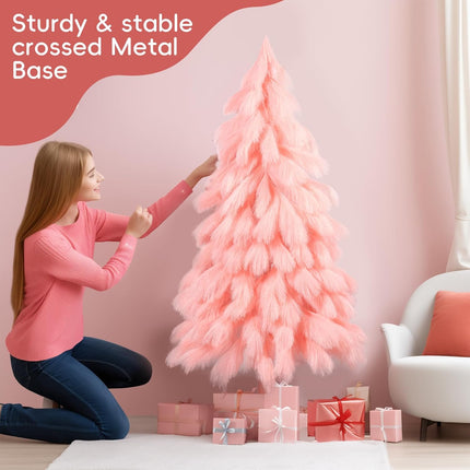 Romantic season Handcrafted 4FT Pink Christmas Tree, Premium Fiber Holiday Xmas Tree Branch Tips & Metal Foldable Stand for Home, Office, Party Decoration