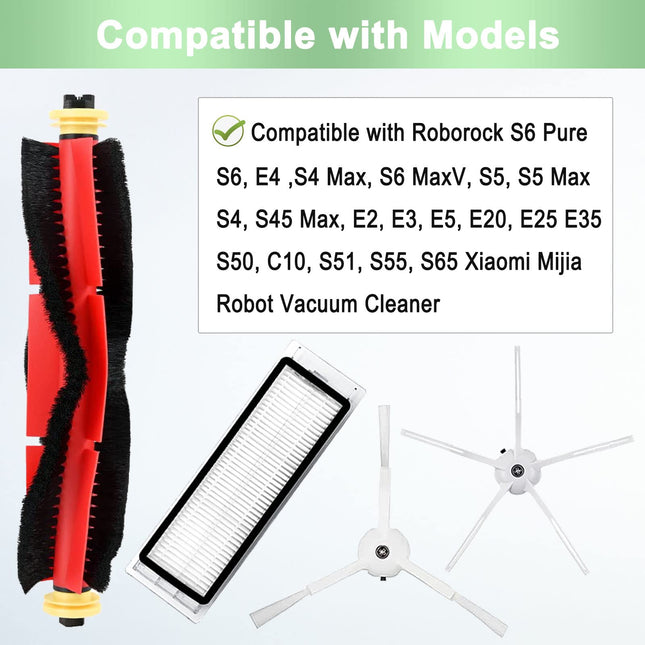 13 Packs Parts Compatible For Roborock S6 Pure, S6, E4,S4 Max, S6 Maxv, S5, S5 Max, S4, E2, E3,E5 E20 E25 E35 S50 S65 Xiaomi Mijia Robot Vacuum, 3 Main Brushes, 4 Filters, 6 Side Brushes