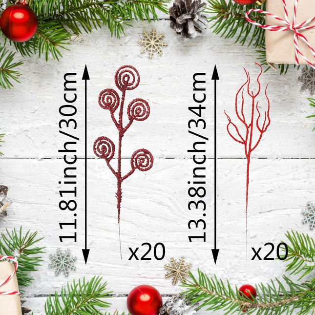 Christmas Tree Decoration, Red Christmas Ornaments, Artificial Candy Glitter Curly Stems Set for Xmas Tree Wreath DIY Crafts Vase (40 Pcs)