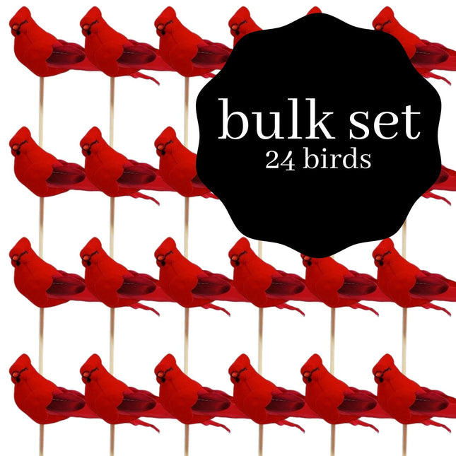Cardinal Floral Picks - Set of 24 Red Birds on a Wood Stick - Birds Attached to Stems - Red Birds Centerpieces - Christmas DIY - Ornament Holiday Décor - Bird is 5" L and Sits on a 7" Pick