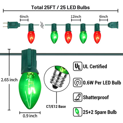 25FT C7 Red and Green Christmas Lights Outdoor, Christmas Decorations String Lights with 27 Red Green Clear Bulbs(2 Spare), Outdoor String Lights for Christmas Party Wedding Decoration, Green Wire