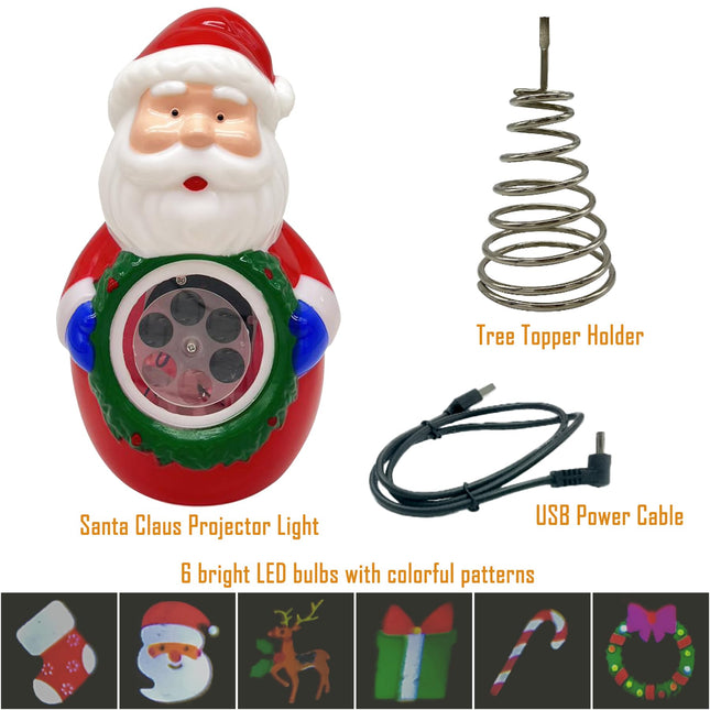 Santa Christmas Projector Light USB Indoor Light with Auto Rotating Reindeer, Wreaths, Candy Canes, Socks 6 Patterns Slides for Kids Christmas Room Decorations, Year Xmas
