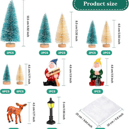 Yerliker 28 Pieces Christmas Mini Miniature Village Accessories Artificial Trees Street Lamps Santa Snow Houses Elk for Miniature Scenes Village Displays (Lake Blue and Beige,Gnome Style)