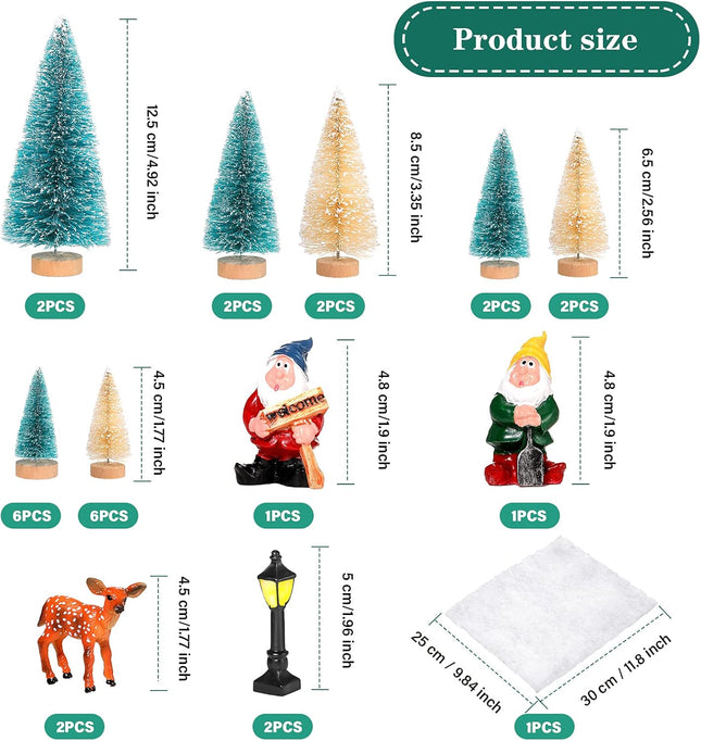 Yerliker 28 Pieces Christmas Mini Miniature Village Accessories Artificial Trees Street Lamps Santa Snow Houses Elk for Miniature Scenes Village Displays (Lake Blue and Beige,Gnome Style)