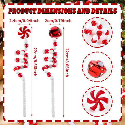 Bencailor 30 Pcs Christmas Tree Picks Red White Candy Cane Curly Pick 8.66 Inch Lollipop Christmas Bells Decoration Xmas Tree Topper for Home Vase Filler Wreath DIY Craft Holiday Party Decor