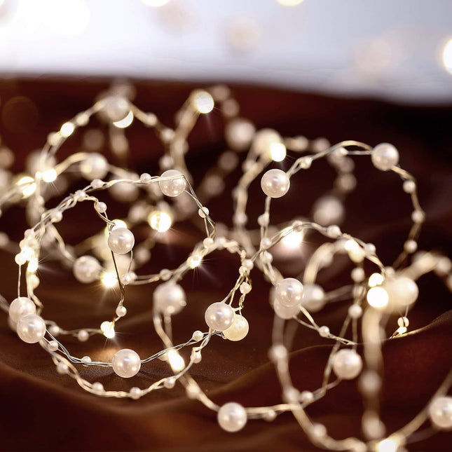Ocean Pearl Beads String Lights, 10 ft 40 LED Lights Battery Powered with 8 Flicker Modes, Remote and Timer for Wedding, Birthday Parties, Year, DIY Home Mantel Decoration