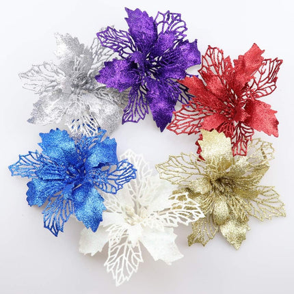 12 Pack Christmas Glitter Poinsettia Flowers Artificial Flower Christmas Tree Decorations and Ornaments, 6.2"/16cm Diameter (Purple)