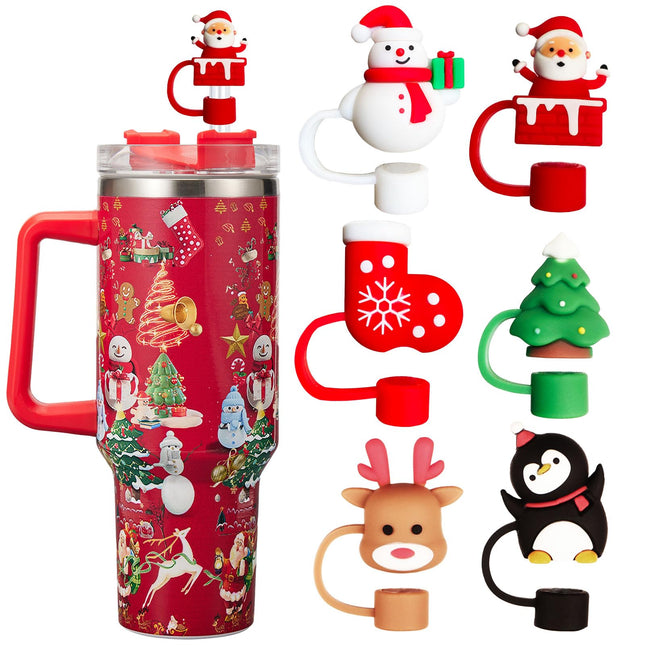 6PCS Christmas Straw Cover Cap for Stanley Cup, Silicone Straw Topper for Stanley 30&40 Oz Tumbler with Handle, 10mm Drinking Straw Tip Covers for Christmas s. (Color 2)