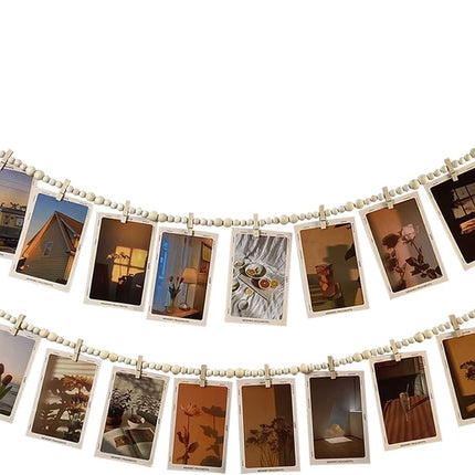 Hanging Photo Display with 12 Clips, Wooden Bead Garland 2PCS, Boho Style Collage Photo Frame Decoration for Dorms, Classrooms, Bedrooms
