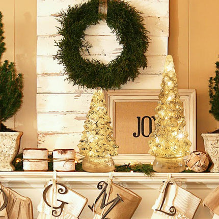 PHITRIC Christmas Decorations Indoor, 2 PCS Sparkling Glass Christmas Tree Table Decorations with LED Lights, Lighted Xmas Tree Decorations with Timer for Home Mantel Shelf Table Decor