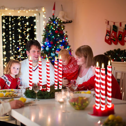 Retisee 24 Pieces Christmas Flameless Taper Candles Bulk Candy Cane Striped LED Candle Stick Battery Operated Taper Candles Flickering Candle Lights for Christmas Candles Decorations (Red and White)