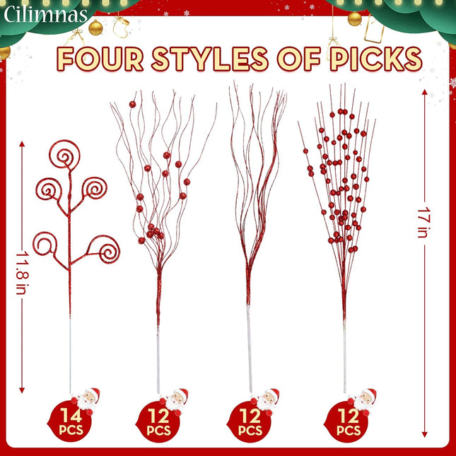 50pcs 4 Kinds of Christmas Tree Picks, Christmas Picks and Sprays for Decorations, Tree Topper Twigs for Xmas Tree Wreath DIY Crafts Vase Filler Home Decor (Red)