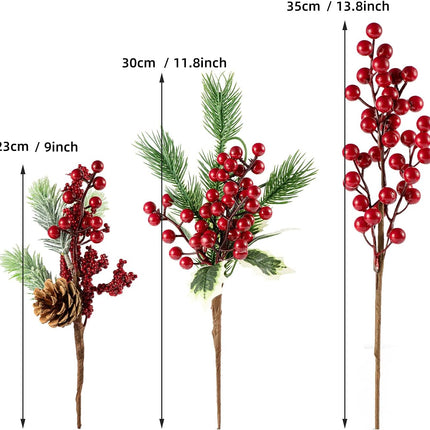 16 Pieces 9-13 Inch Large Artificial Christmas Tree Picks Red Berry Pine Branches Flower Pick for Christmas Wreath Festive Season Decor