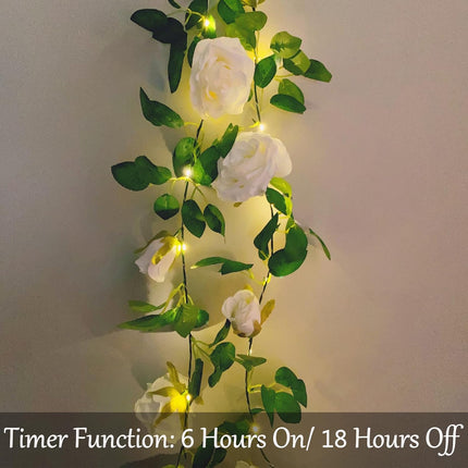 Fielegen Artificial Flower Garland with 20 LED String Lights, 6.56FT Hanging Rose Flower Vine Garland Decoration Lights for Garden Wedding Flower Table Decor Birthday Party Christmas DIY Wreath Decor