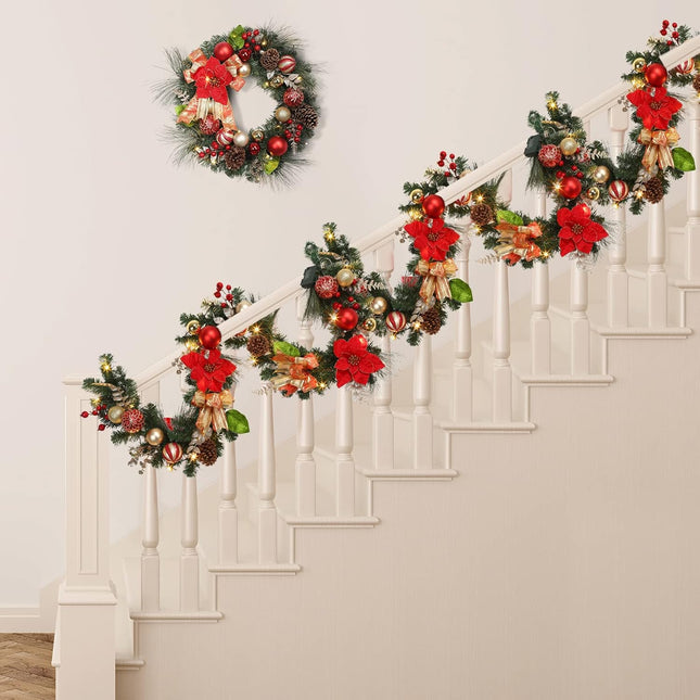 LinTimes Christmas Garland with Lights, Pre-lit Red Garland Decoration with 20 LEDs, Battery Operated Garland with Red Flowers Ball Ornaments Gold Bow, Mantle Fireplace Holiday Party Decoration