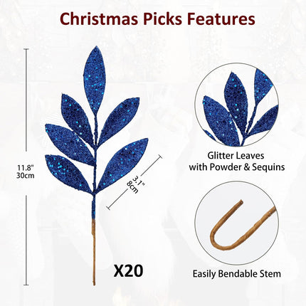 DILATATA 20 Pcs Christmas Glitter Bay Leaves 11" Blue Artificial Glitter Leaf Spray Christmas Tree Picks for Xmas Wreath DIY Garland Home Decor - Blue