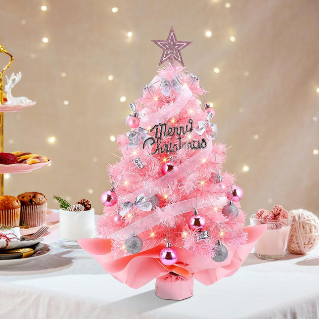 Mini Christmas Tree, Small Christmas Tree Prelit, 24" Table top Christmas Tree with Decorations, Little Christmas Tree for Desk Table Bedroom Kids Room, Small Xmas Tree Christmas Desk Decorations