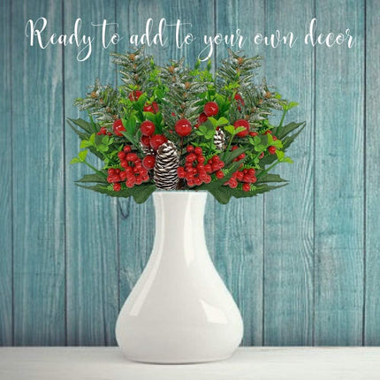 BANBERRY DESIGNS Holiday Christmas Berry Picks - 10 Pieces – Flexible Greenery Snow Tipped Pinecone Red Berries 9" L
