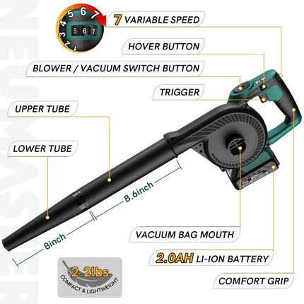 NEU MASTER 20V Leaf Blower Cordless, Mini Electric Leaf Blower Battery Powered, 7 Speed Handheld Leaf Blower and Vacuum with 2.0 Battery & Charger for Lawn Care, Patio, Yard, Jobsite
