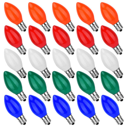 25 Pack C7 Ceramic Christmas Replacement Bulbs, Multi-Color Bulbs for E12 Candelabra Base Outdoor/Indoor Light String, 5 Watt