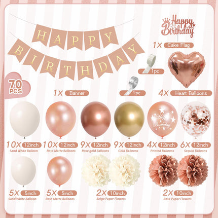AivaToba Rose Gold Birthday Decorations, Set of 70 Birthday Decorations, Birthday Balloon Set for Party Decoration