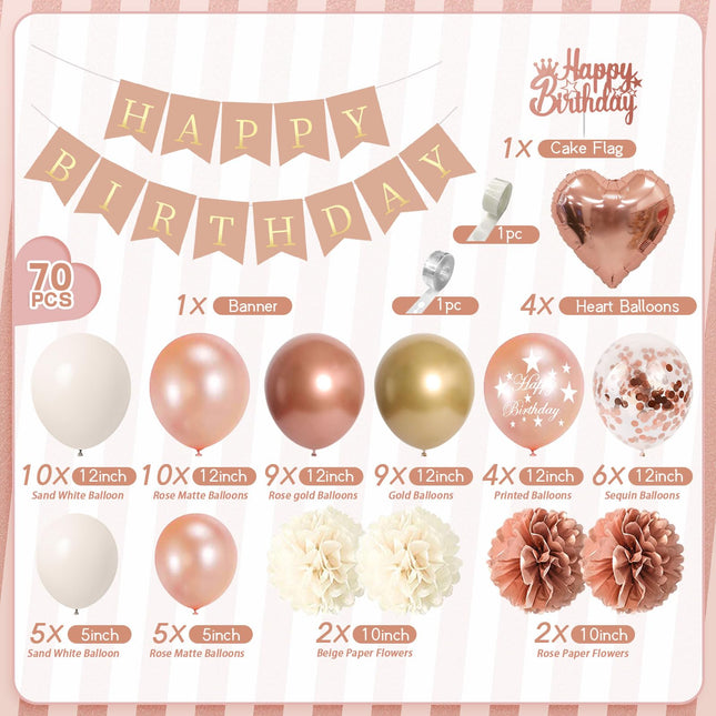 AivaToba Rose Gold Birthday Decorations, Set of 70 Birthday Decorations, Birthday Balloon Set for Party Decoration