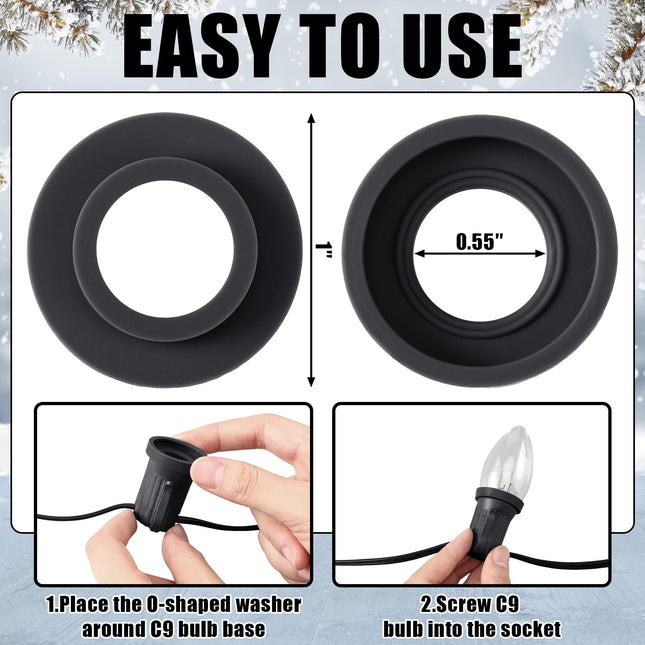 100 Pcs C9 Seal Ring Christmas Socket O-Ring Quick Connector Seals Protect C9 String Wire Strings with E17 Bases (Black)