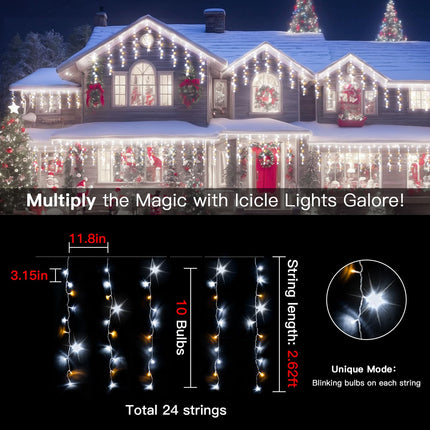 suddus Icicle Lights for Outside, 23.6ft 240 Led Hanging String Lights Outdoor Waterproof, Plug in Connectable Christmas Lights for House, Roof, Fence, Railing, Bedroom, Cool White with Warm White
