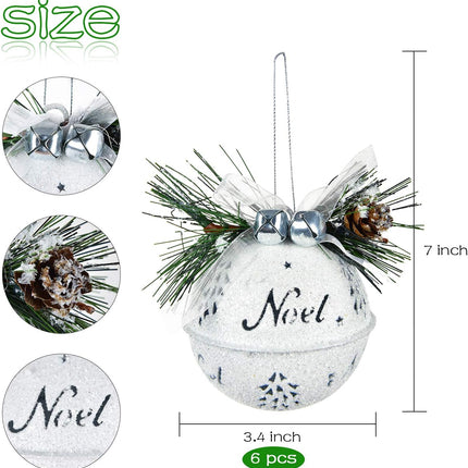 DearHouse 6 Pcs Big Christmas Jingle Bells, 3.4 Inch White Glitter Christmas Metal Sleigh Bells Rustic Craft Bells for Christmas Tree Wreath Garland Ornaments Holiday DIY Decorations