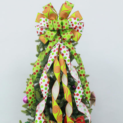 Christmas Tree Topper Wreath Bow Handmade Large Green Christmas Bow Tree Topper, 44"x13" Red Green Dot Bow for Xmas Ornament Holiday Home Decor