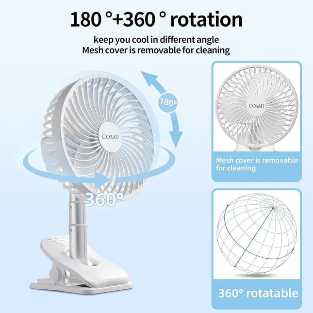 Portable Clip On Fan, 8000Mah Desk Fan, Usb Rechargeable Personal Fan, Small Table Fan With Clamp, 2 Speed Timing 4 Speeds Quiet