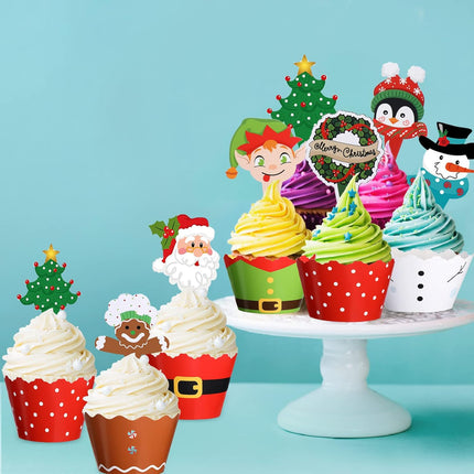96 Pieces Christmas Party Decorations Christmas Cupcake Topper Wrappers Santa Claus Snowman Reindeer Elf Penguin Christmas Tree Christmas Wreath Gingerbread Hand Cake Party Decorations Supplies