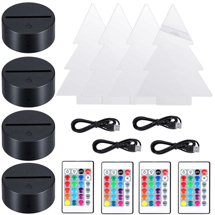 4 Pieces 3D Night Light LED Lamp Base with 4 Pieces Clear Acrylic Sheets 4 Pieces Remote Controls and 4 Pieces Charging Cables Adjustable 16 Colors 4 Modes for Child Room Bar (Christmas Tree Style)