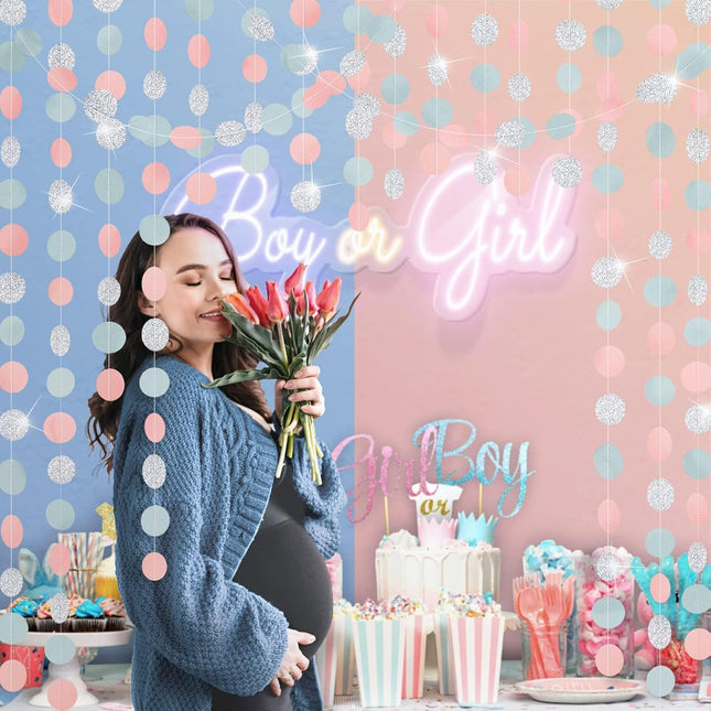 Cheerland Party Decorations Glitter Silver Blue Pink Circle Garlands Streamer Hanging Dots Decoration Backdrop for Wedding Engagement Birthday Bridal Baby Shower Backdrop Party Supplies