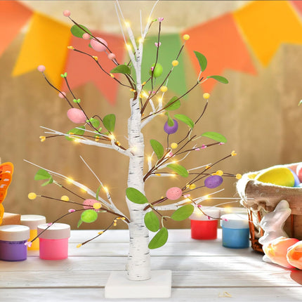 23in Easter Tree with Lights Pre-lit Easter Eggs Tree Tabletop Decor,Lighted Birch Tree Easter Tabletop Centerpieces Decorations,Artificial Easter Eggs Tree for Home Easter Spring Decoration