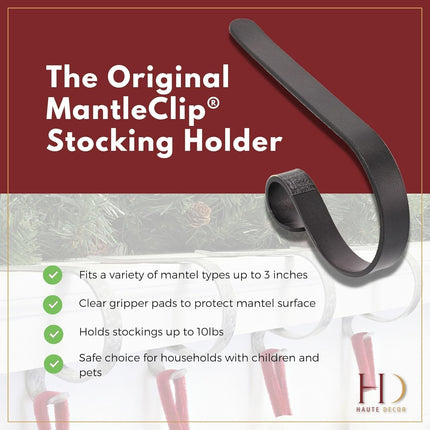 Haute Decor The Original MantleClip® Stocking Holder with Chalkboard Icons 4-Pack (Black) - Personalize Your Christmas Stocking Hangers with Names