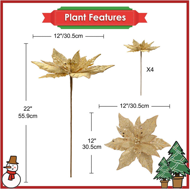 Briful 12'' Large Heads Christmas Glitter Poinsettia Flowers Christmas Tree Ornaments Set of 4 Artificial Flowers with Long Stems for Xmas Tree Party DIY Holiday Decorations,Gold
