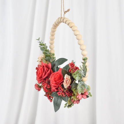 Christmas Wood Bead Red Rose Wreath Boho Farmhouse Decor Artificial Flower Eucalyptus Wreath for Front Door Windows Wall Hanging Room Decor 12" (Red)