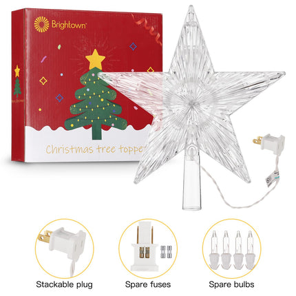 Christmas Tree Topper Lighted Star with Built-in 10 Replaceable Bulbs, 9.5” Clear Five-Pointed Star Tree Topper Plug in for Indoor Office Xmas Year Holiday Tree Decoration, Warm White