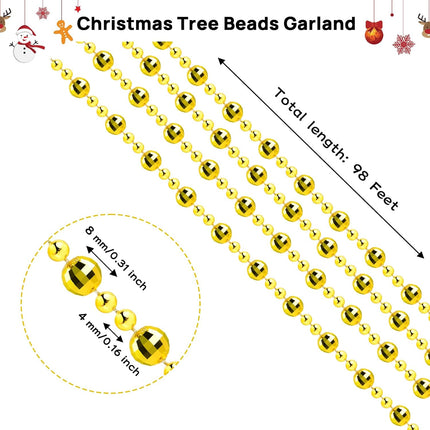 98 Feet Christmas Tree Beads Garland, Artificial Gold Beaded Garland for Christmas Tree DIY, Diamond-Shaped Beads Garland for Christmas Wreath, Xmas Party Table, Wedding Holiday Decoration(Gold)