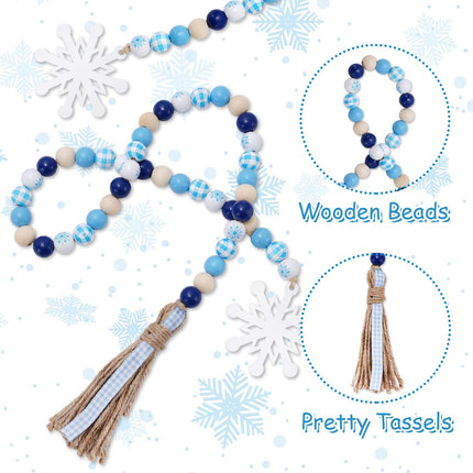 Whaline 2Pcs Winter Wood Beads Garland with Snowflake Pendants Blue White Buffalo Plaids Rustic Farmhouse Xmas Hanging Ornament Snow Flake Beads for Winter Tiered Tray Fireplace Home Decor