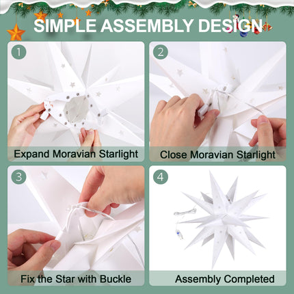 23" Moravian Star Outdoor Light, Waterproof 3D Christmas Tree Topper Lamp with Timer Function, White Led Hanging Star Lantern for Holiday Porch Room Party Decoration(Plug in)