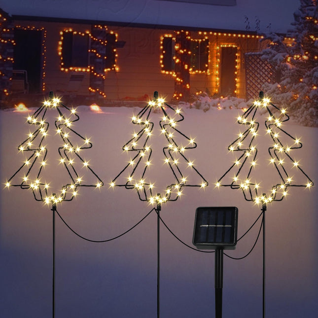 Solar Christmas Tree Pathway Lights Outdoor, 3 Pack Solar Garden Lights, 144 LED Christmas Lights Outside, Waterproof Solar Lights for Pathway Patio Yard Decorations (2FT, Warm White)