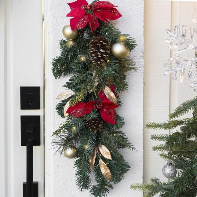 Barton 2X 28 Christmas Teardrop Swag Wreath Pinecones Pre-Lit LED Garland Battery-Powered Front Door Window Winter Holiday Artificial