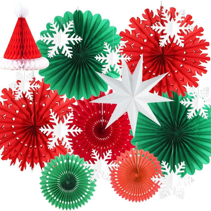 Christmas Party Decorations Red and Green Hanging Paper Fans Glitter Silver Snowflake Ornaments Nine-pointed Paper Star Lantern for Winter Christmas Birthday Wedding Year Party Decoration