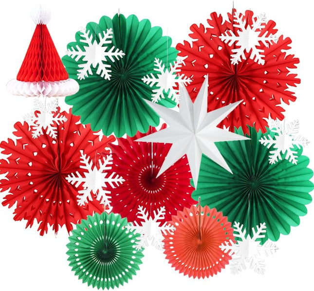 Christmas Party Decorations Red and Green Hanging Paper Fans Glitter Silver Snowflake Ornaments Nine-pointed Paper Star Lantern for Winter Christmas Birthday Wedding Year Party Decoration
