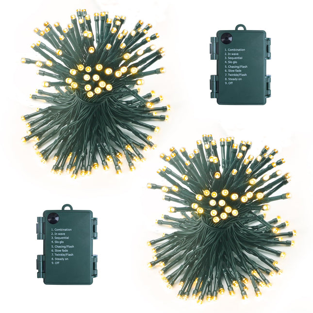 2 Pack Each 16.4ft 60 LED Battery Operated Christmas Tree Lights Indoor Outdoor Cluster String Lights with Timer 8 Modes Dark Green Wire Fairy Light Xmas Patio Bedroom Garden Decorations (Warm White)