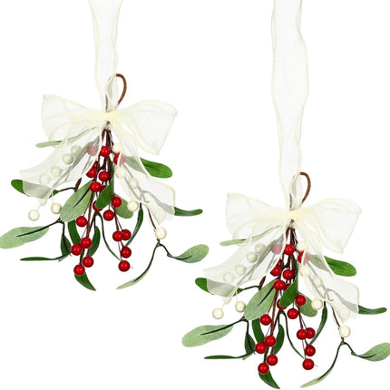 Artificial Mistletoe Pick Mistletoe Christmas Decoration with Berries and White Ribbon Bow Faux Mistletoe Hanging Mistletoe Kissing Ball for Christmas Tree Ornament Party Decor (Red White,2 Pieces)