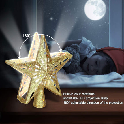 Ryhpez Christmas Tree Topper, Gold Star Christmas Tree Toppers with LED Rotating Snowflake Projector Lights, 3D Glitter Lighted for Christmas Tree Decorations Holiday Party