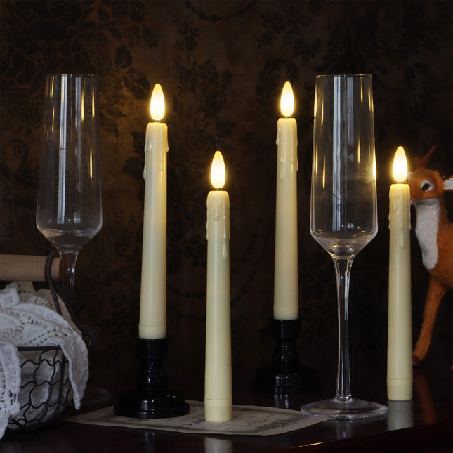 Battery Operated LED Window Candles with Remote Timer, 8 Inches Ivory Flameless Taper Flickering Candles, Removable Black Candlesticks and Suction Cups, Holiday, Home Decor, 4 Pack